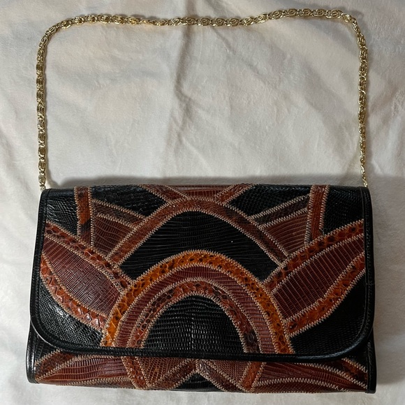 Vintage Bags By Varon, Snakeskin Brown Black Shoulder Bag - Picture 4 of 12